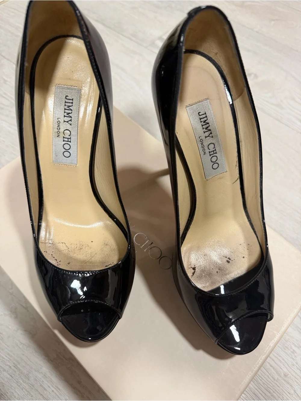 Jimmy Choo Black Patent Leather Peep-Toe Pumps